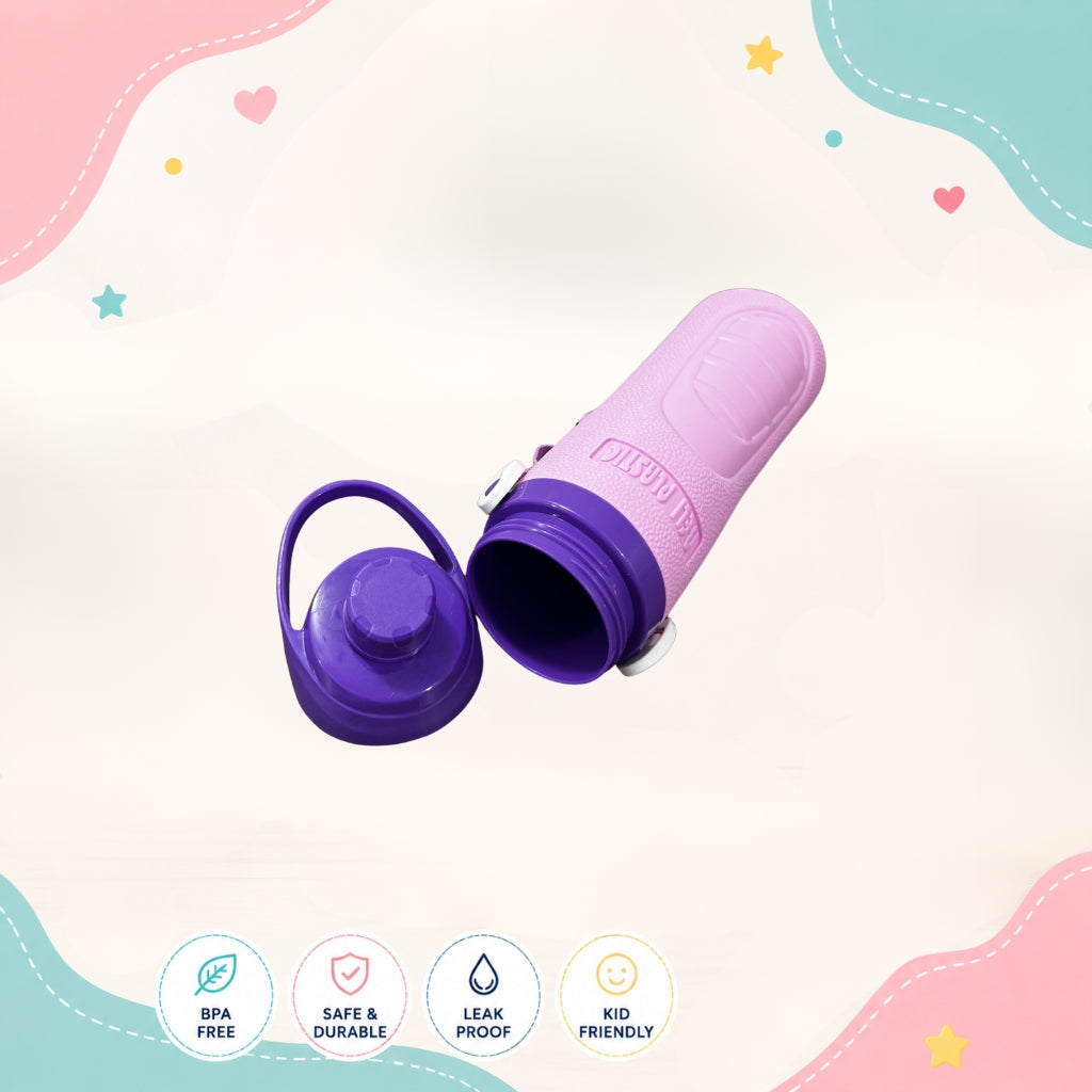 Opened Beli Plastic kids water bottle showing flip cap sipping design
