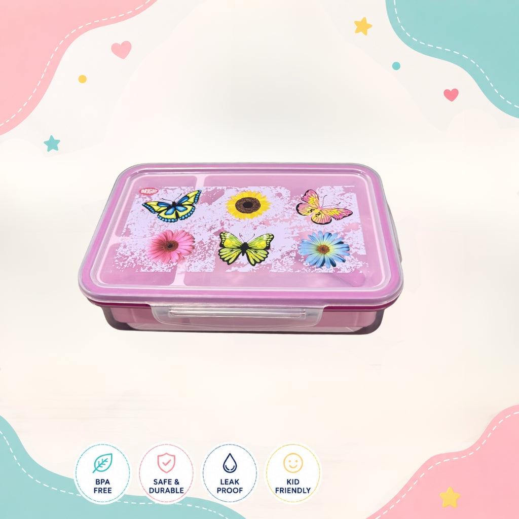 Butterfly girls lunch box front view pink 3 compartment food grade plastic school tiffin box for children