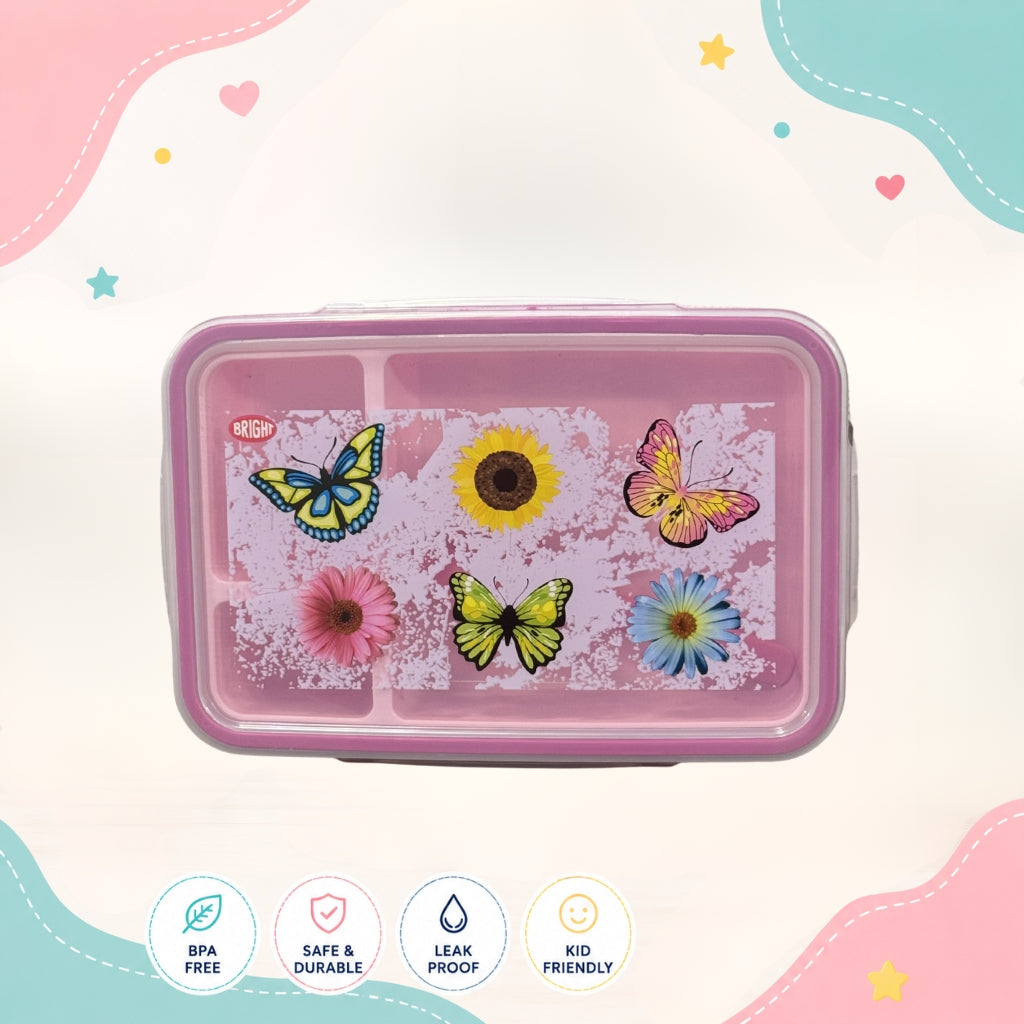 Butterfly girls lunch box top view showing 3 compartment food grade plastic school lunch box with stylish pink design