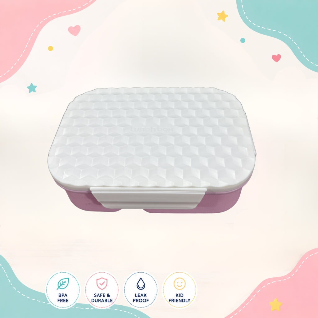 CrystalPop kids lunch box front view pink and white 3 compartment food grade plastic school tiffin box for children