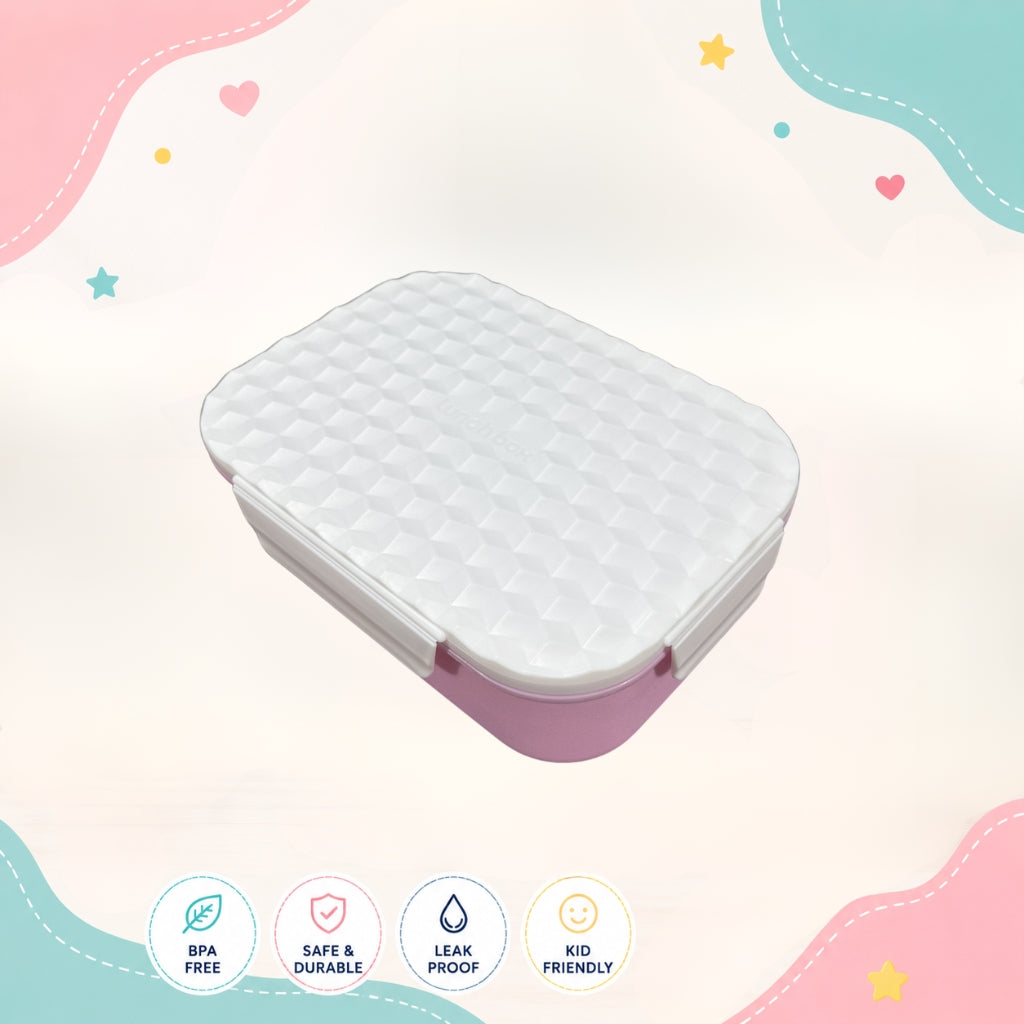 CrystalPop stylish lunch box left angle view durable 3 compartment pink and white food grade plastic tiffin box for children