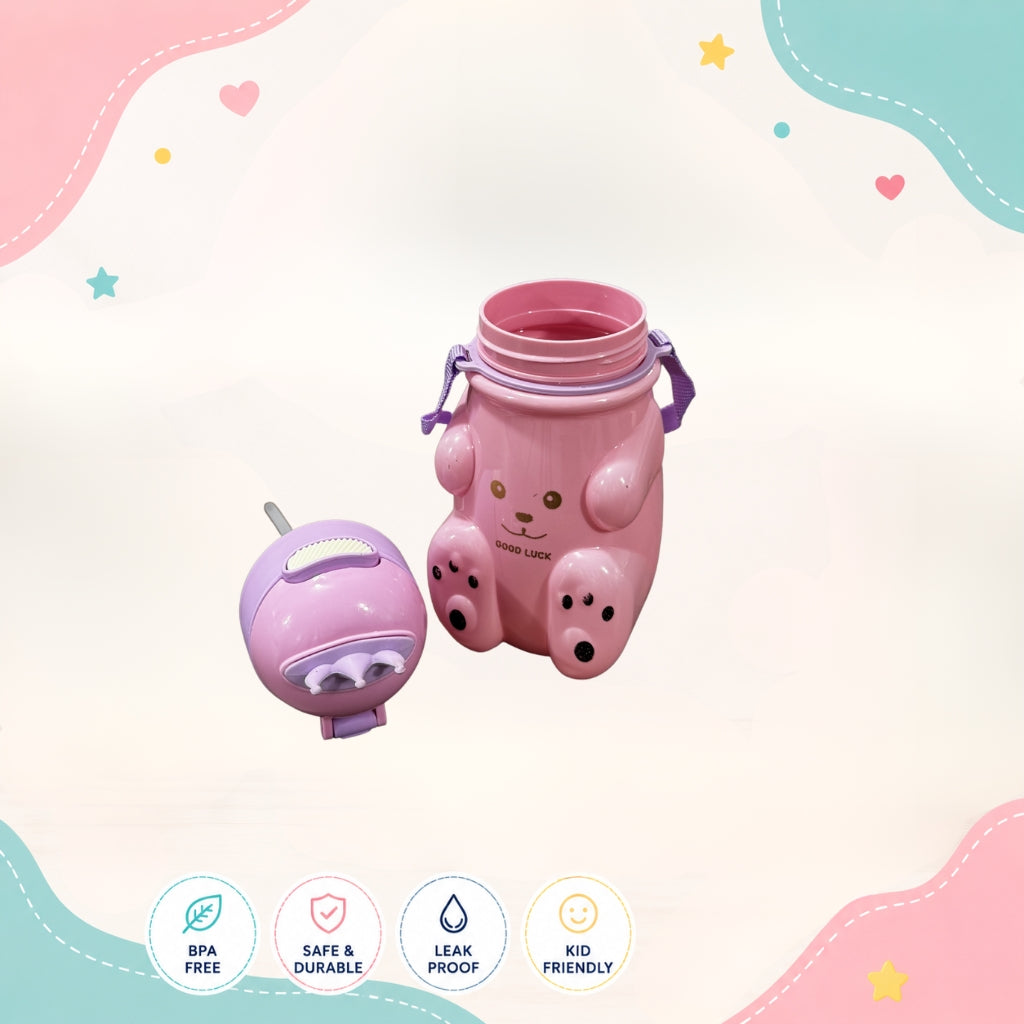 Opened Cute King Bear water bottle showing button-open straw system