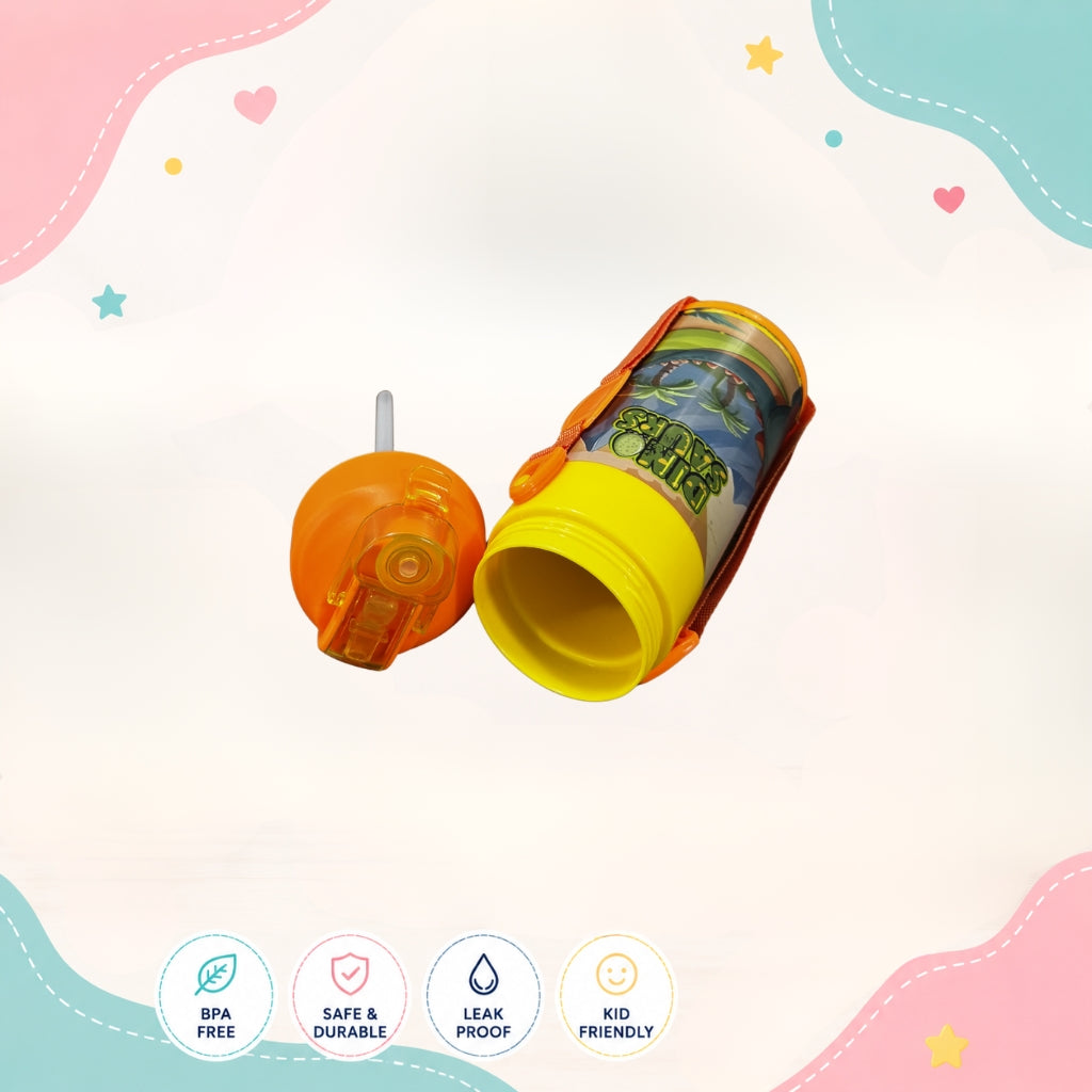 Opened Dinosaur kids water bottle showing straw and sipping lid design
