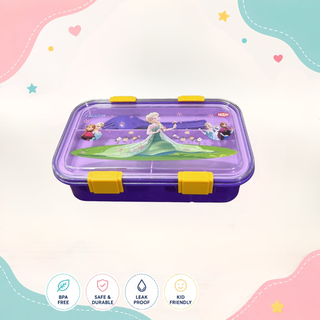 Elsa girls lunch box front view 4 compartment food grade plastic school tiffin box for girls with stylish character theme