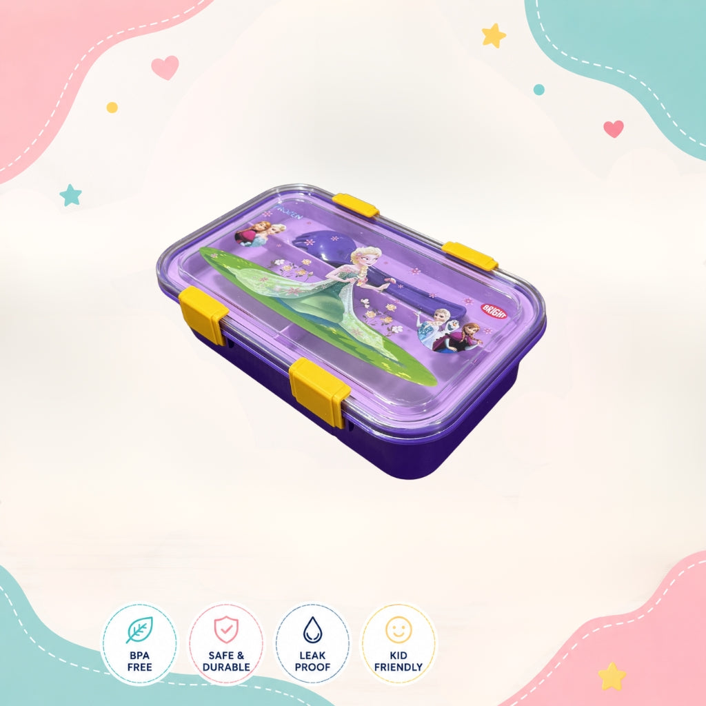 Elsa themed girls lunch box left angle view durable 4 compartment food grade plastic tiffin box for school girls