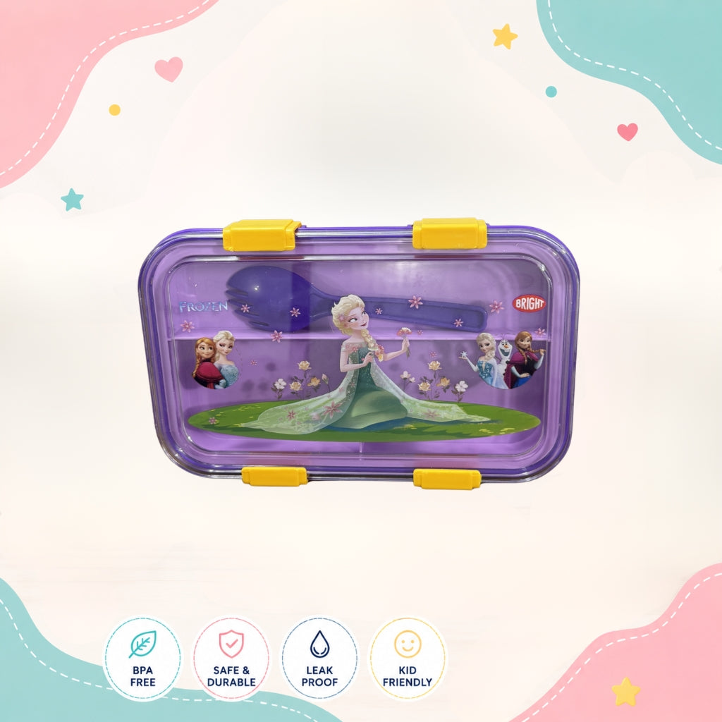 Elsa girls lunch box top view showing 3 upper compartments and 1 large bottom compartment food grade school lunch box
