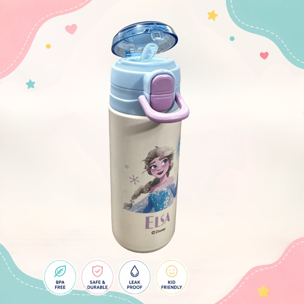 Opened Elsa Princess insulated stainless steel water bottle showing premium design