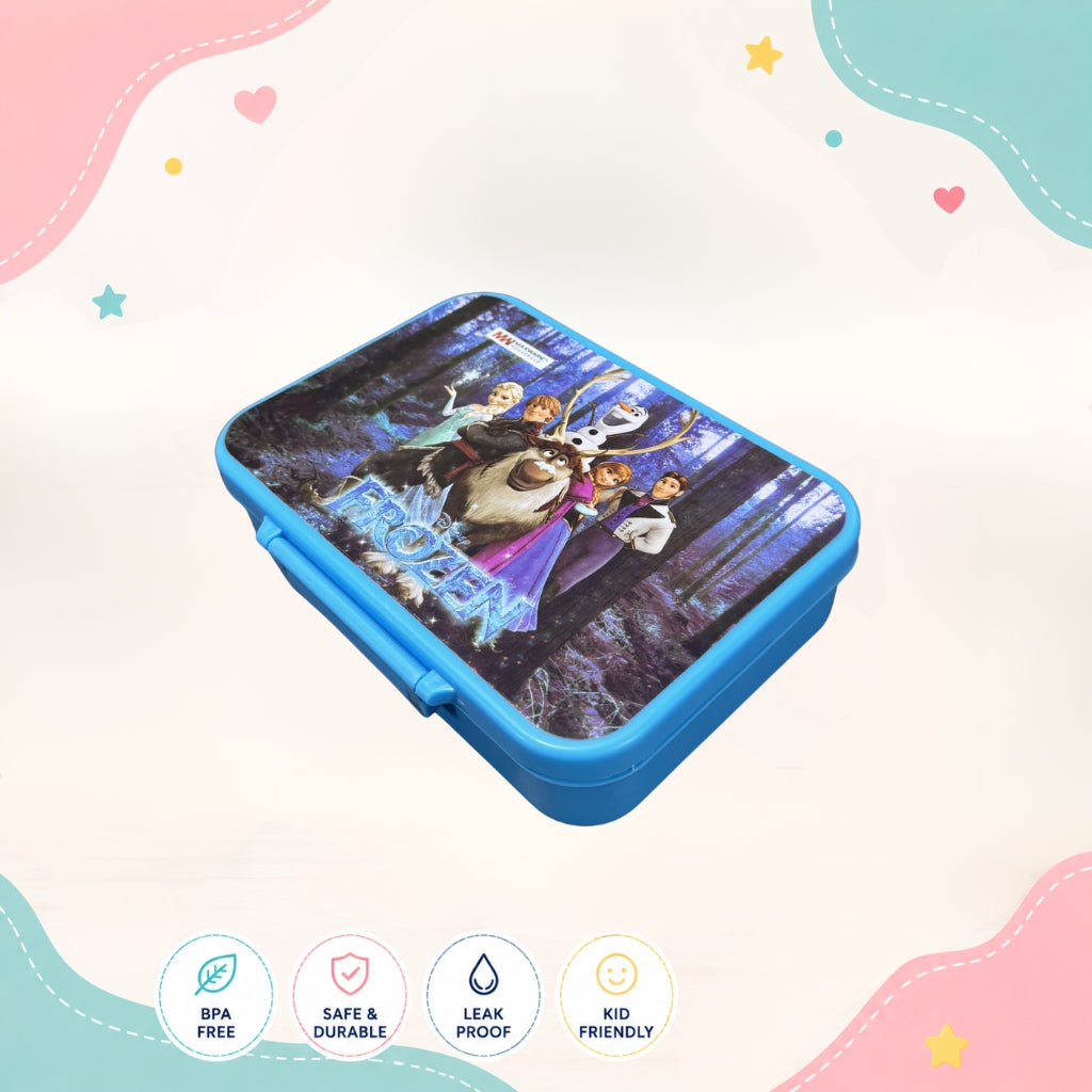 Frozen girls lunch box left angle view durable 4 compartment food grade plastic tiffin box with sauce section for school use