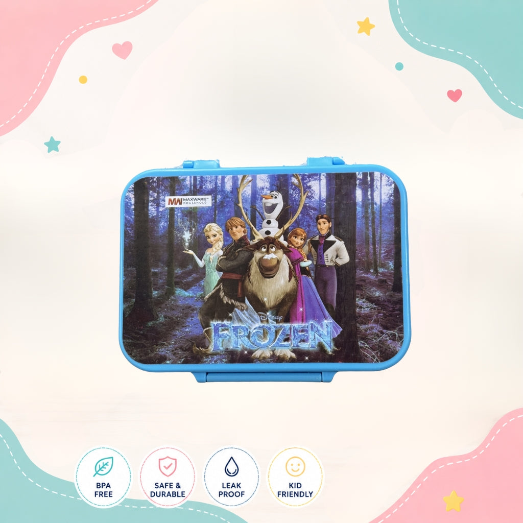 Frozen kids lunch box top view showing 3 food compartments and round sauce compartment food grade plastic lunch box for school kids