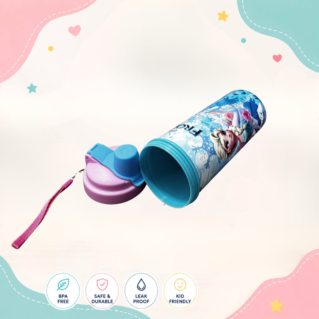 Opened Frozen Princess kids water bottle showing kid-friendly drinking design