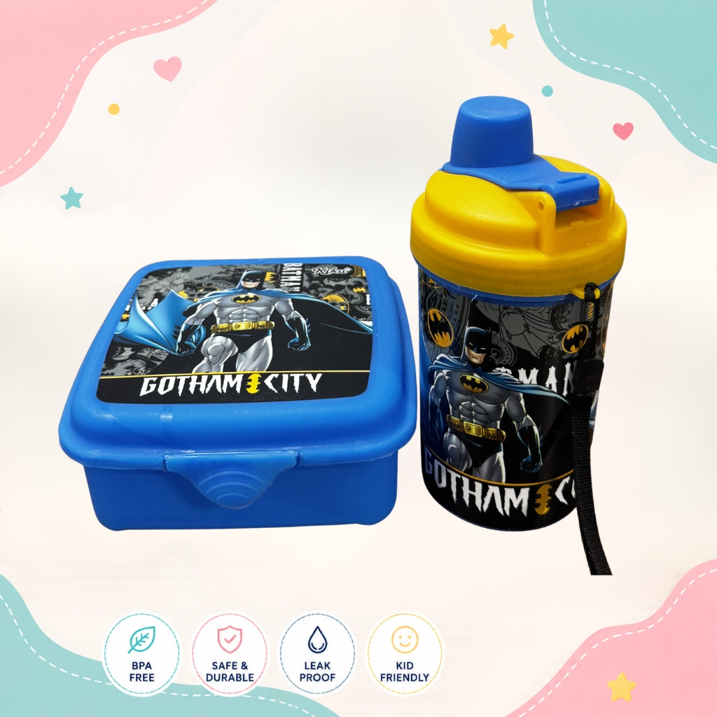 Gotham Hero kids lunch box and water bottle set front view food grade plastic school combo set for children