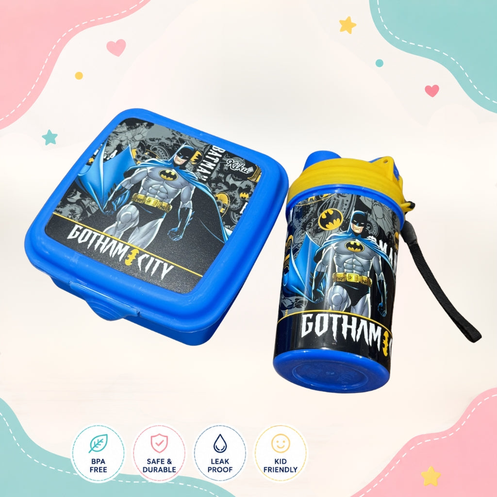 Gotham Hero kids lunch box and bottle set top view showing single compartment lunch box and matching water bottle