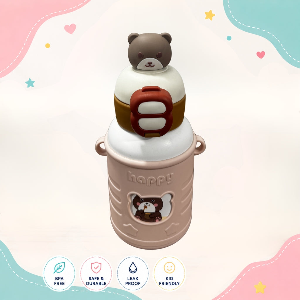 Front view of Happy Bear Insulated Stainless Steel Water Bottle by LunchNSip