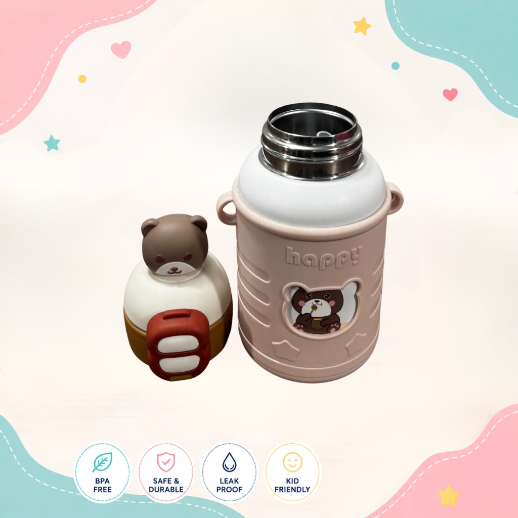 Opened Happy Bear insulated stainless steel water bottle showing premium design