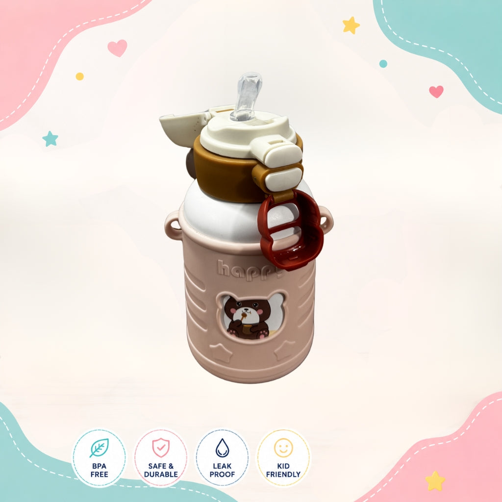 Straw opening view of Happy Bear Insulated Stainless Steel Water Bottle by LunchNSip showing insulated kid-friendly drinking design