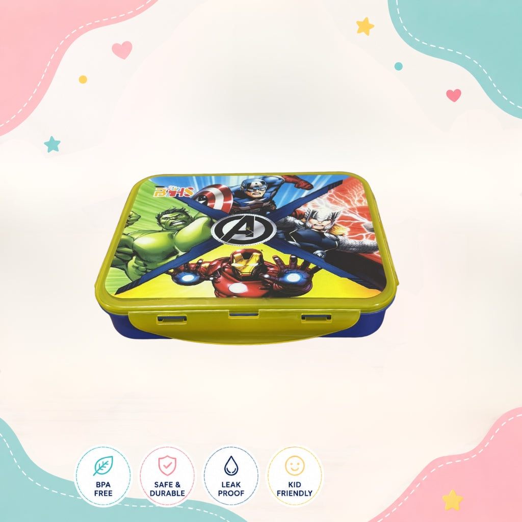Hero Squad kids lunch box front view 3 compartment food grade plastic superhero school tiffin box for boys