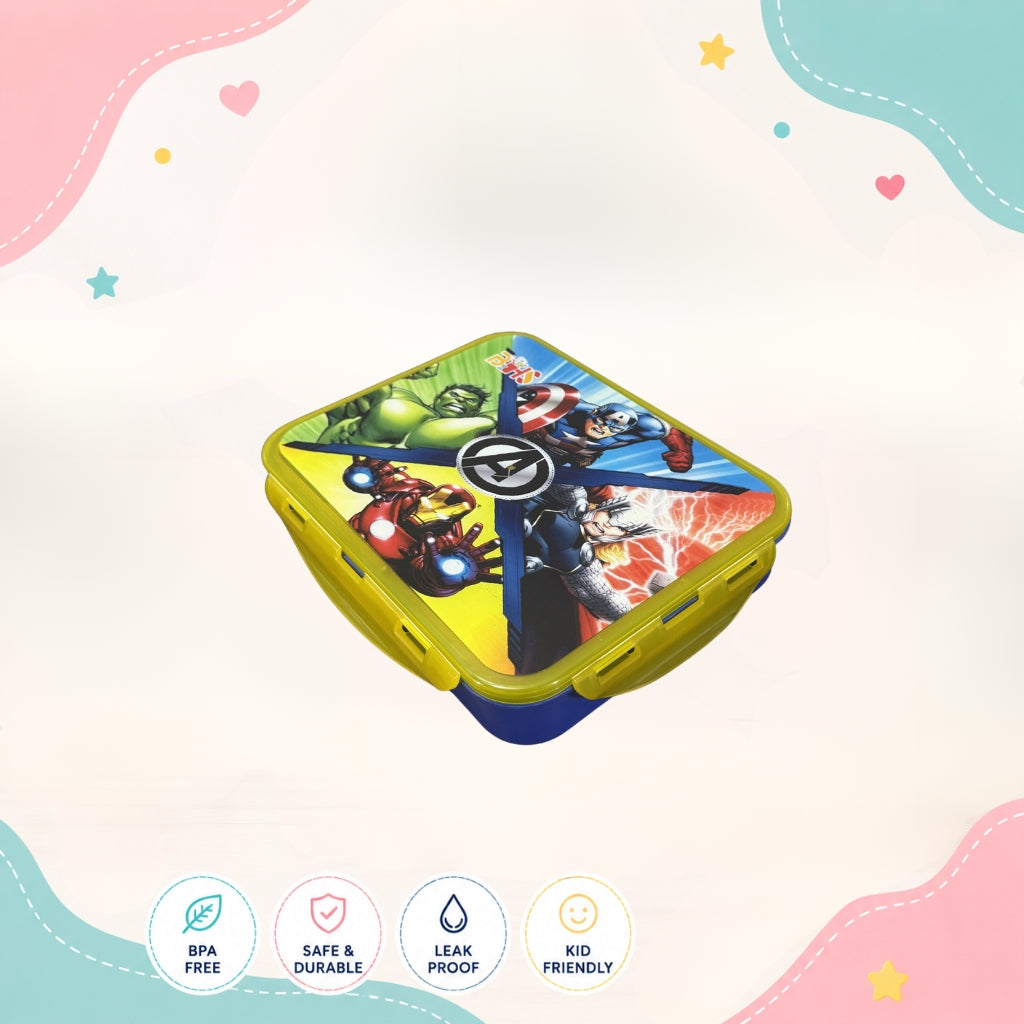 Hero Squad themed kids lunch box left angle view durable 3 compartment food grade plastic lunch container for school children