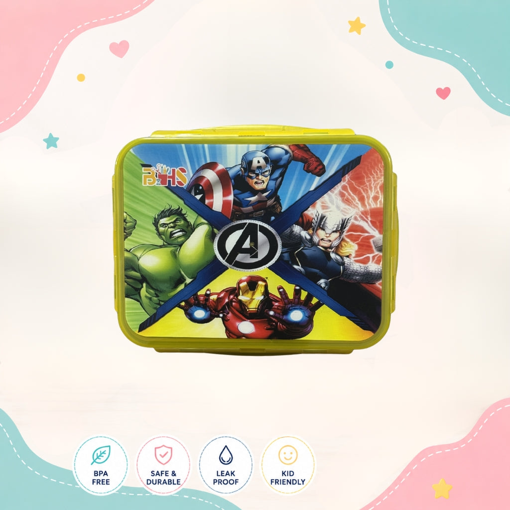 Hero Squad kids lunch box top view showing 3 compartment food grade plastic school lunch box with superhero character design