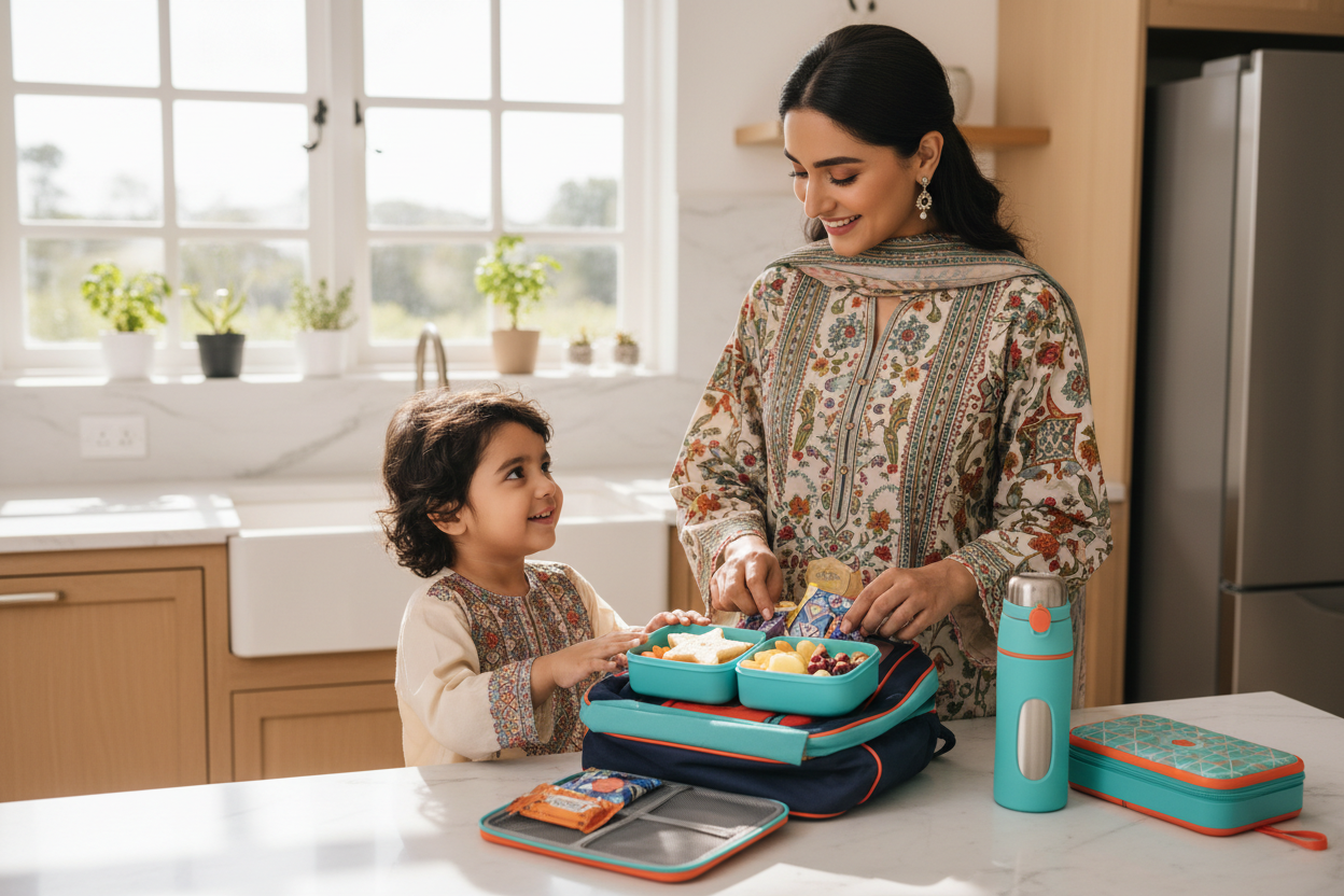 Matching kids lunch box and water bottle sets for school in Pakistan