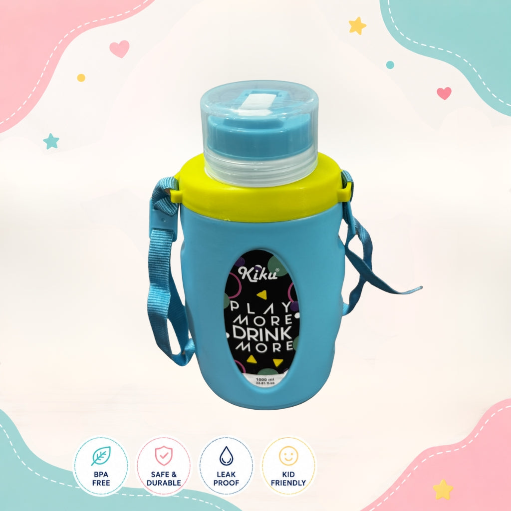Front view of KiKu Play More Drink More Kids Water Bottle by LunchNSip