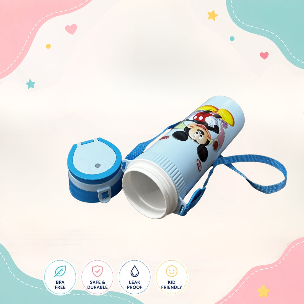 Opened Mickey Mouse kids water bottle showing smart lock drinking system