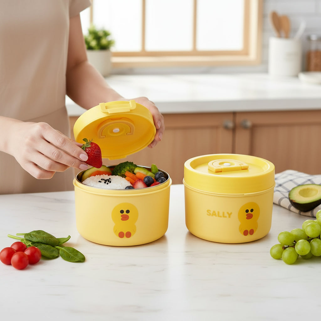 A Mother Packing Lunch in Sally Cute Double Decker Steel Insulated Lunch Boxes For Her Kids
