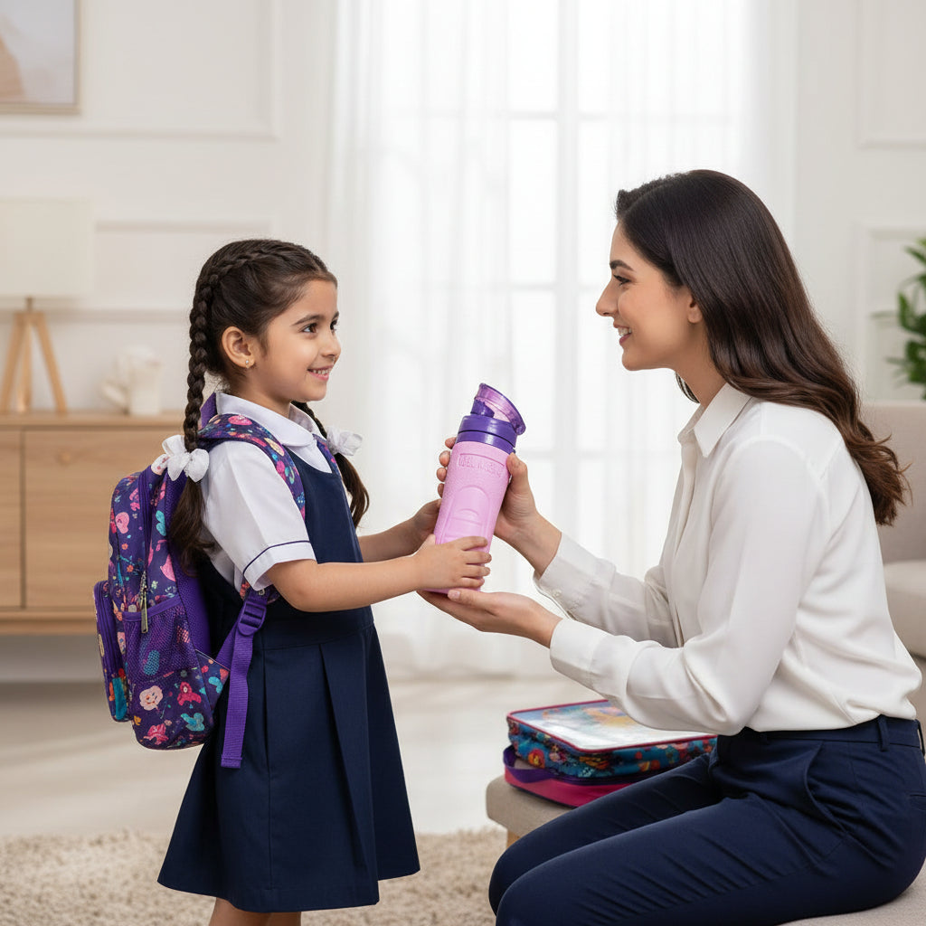Pakistani mother giving a premium Beli plastic kids water bottle with flip cap by LunchNSip to her child before school.