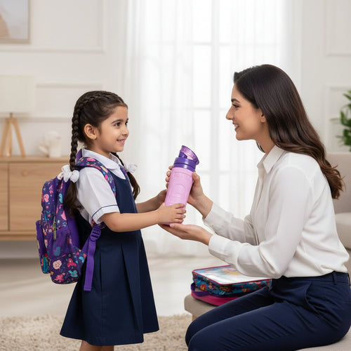 Pakistani mother giving a premium Beli plastic kids water bottle with flip cap by LunchNSip to her child before school.