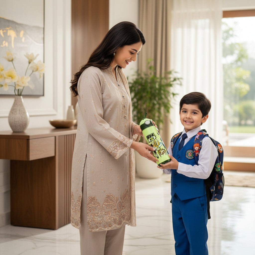 Pakistani mother giving a premium Ben 10 kids water bottle by LunchNSip to her son before school.