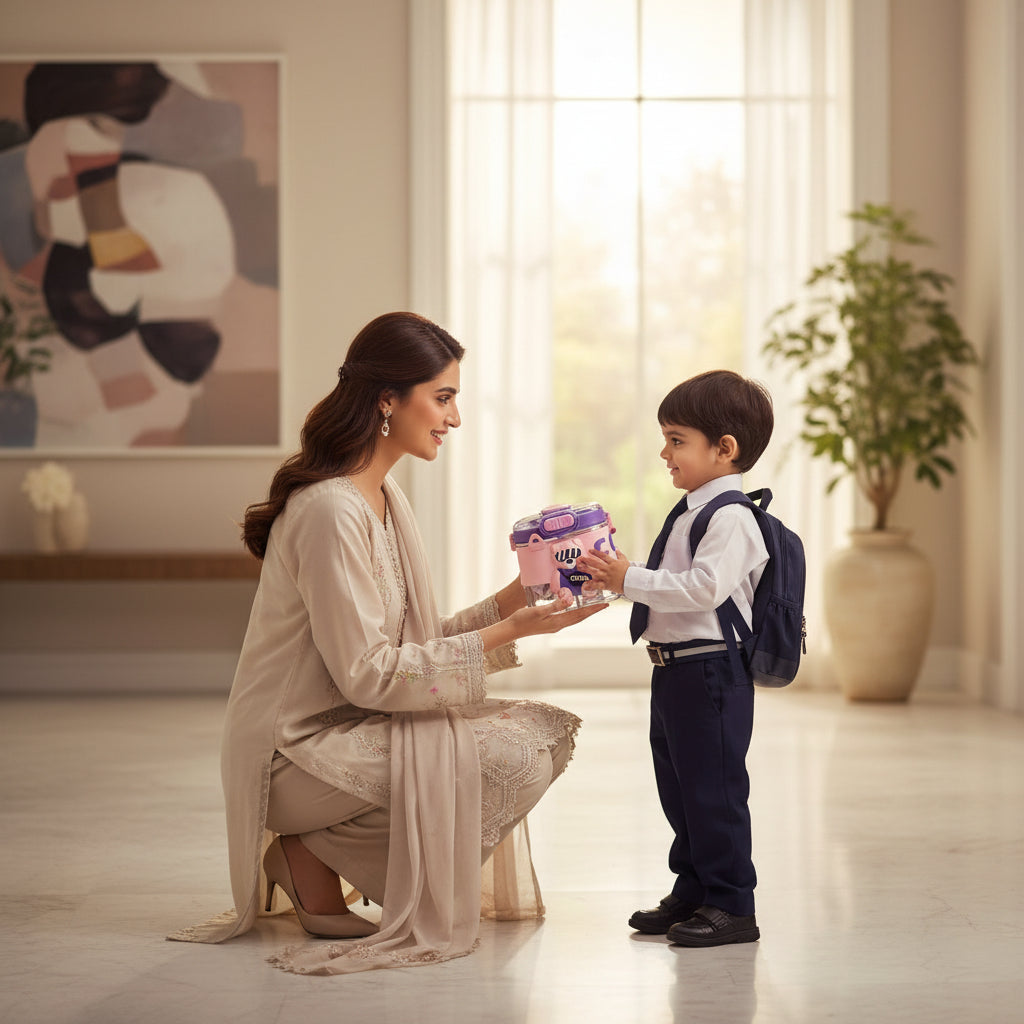 Pakistani mother giving a premium Cool Bear dual opening kids water bottle by LunchNSip to her child before school.