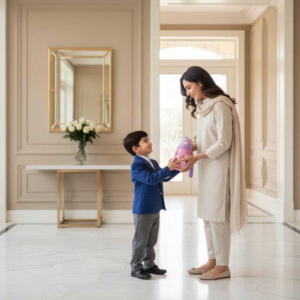 Pakistani mother giving a premium Cute King Bear BPA-free straw school water bottle by LunchNSip to her child before school.
