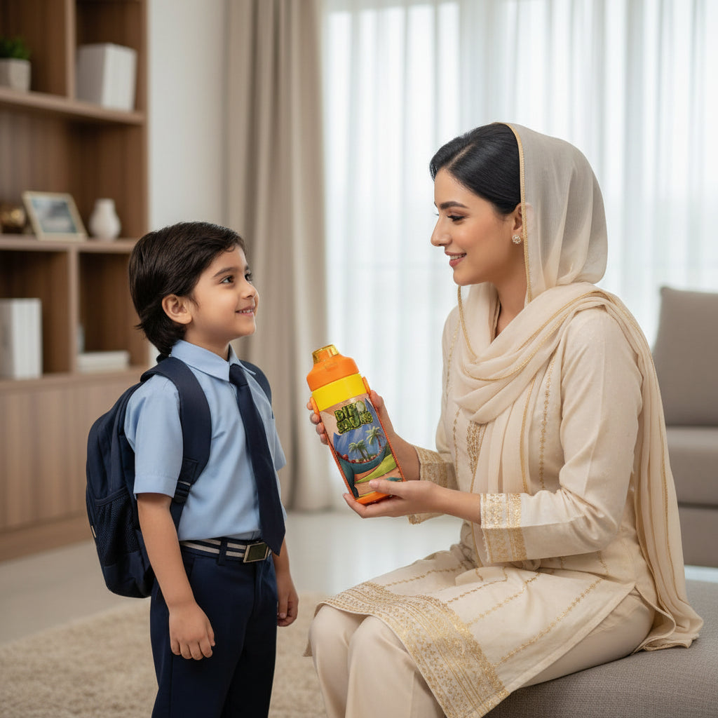 Pakistani mother giving a premium Dinosaur kids water bottle with straw by LunchNSip to her child before school.