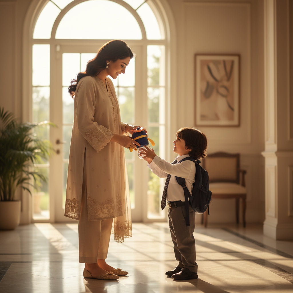 Pakistani mother giving a premium Dual Grip Straw kids water bottle by LunchNSip to her child before school.