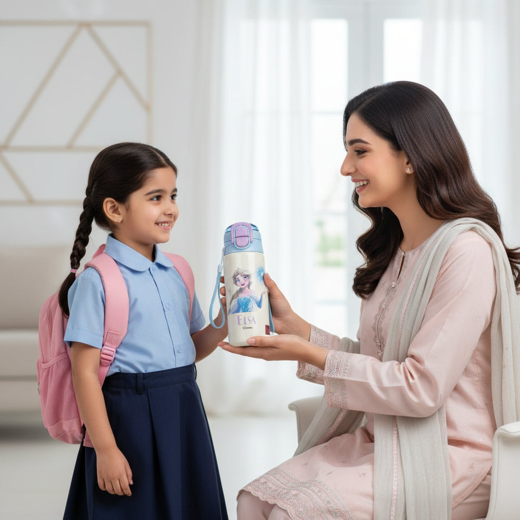 Pakistani mother giving a premium Elsa Princess insulated stainless steel kids water bottle by LunchNSip to her daughter before school.
