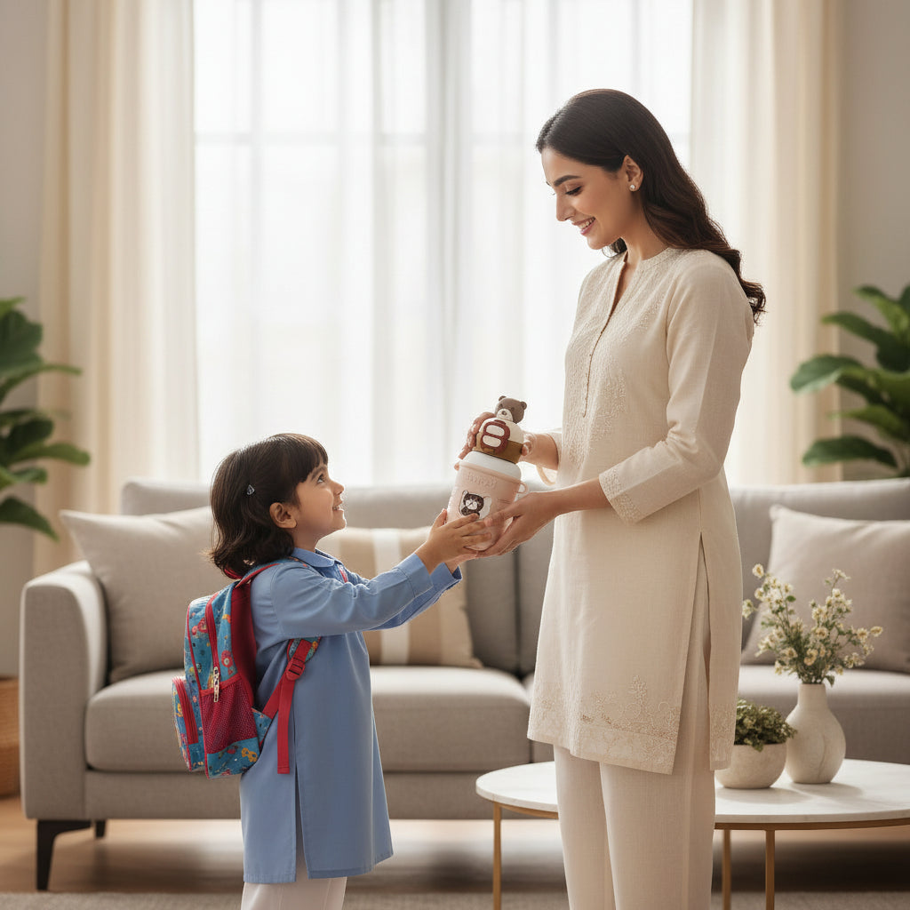 Pakistani mother giving a premium Happy Bear insulated stainless steel kids water bottle by LunchNSip to her child before school.