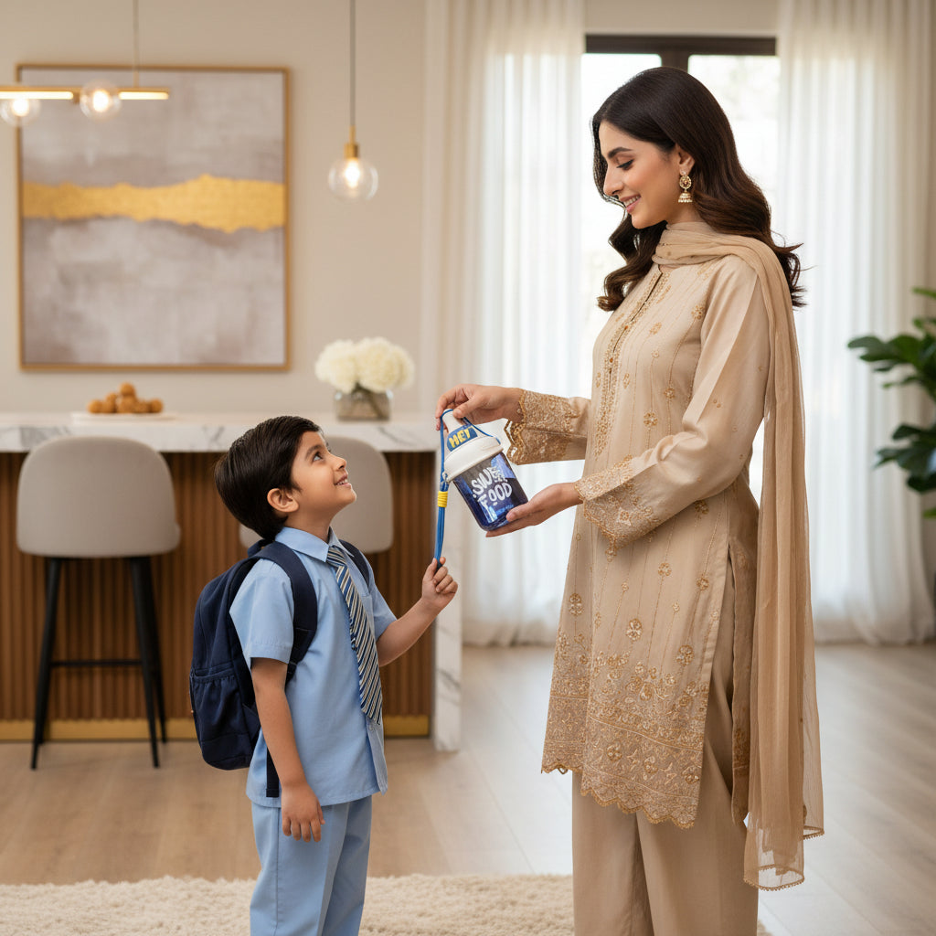 Pakistani mother giving a premium Hey Sweet food filter straw kids water bottle by LunchNSip to her child before school.