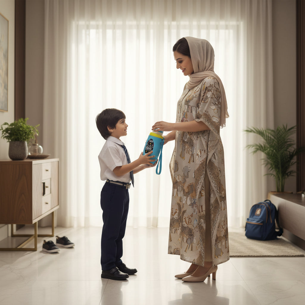 Pakistani mother giving a premium KiKu Play More Drink More kids water bottle by LunchNSip to her child before school.