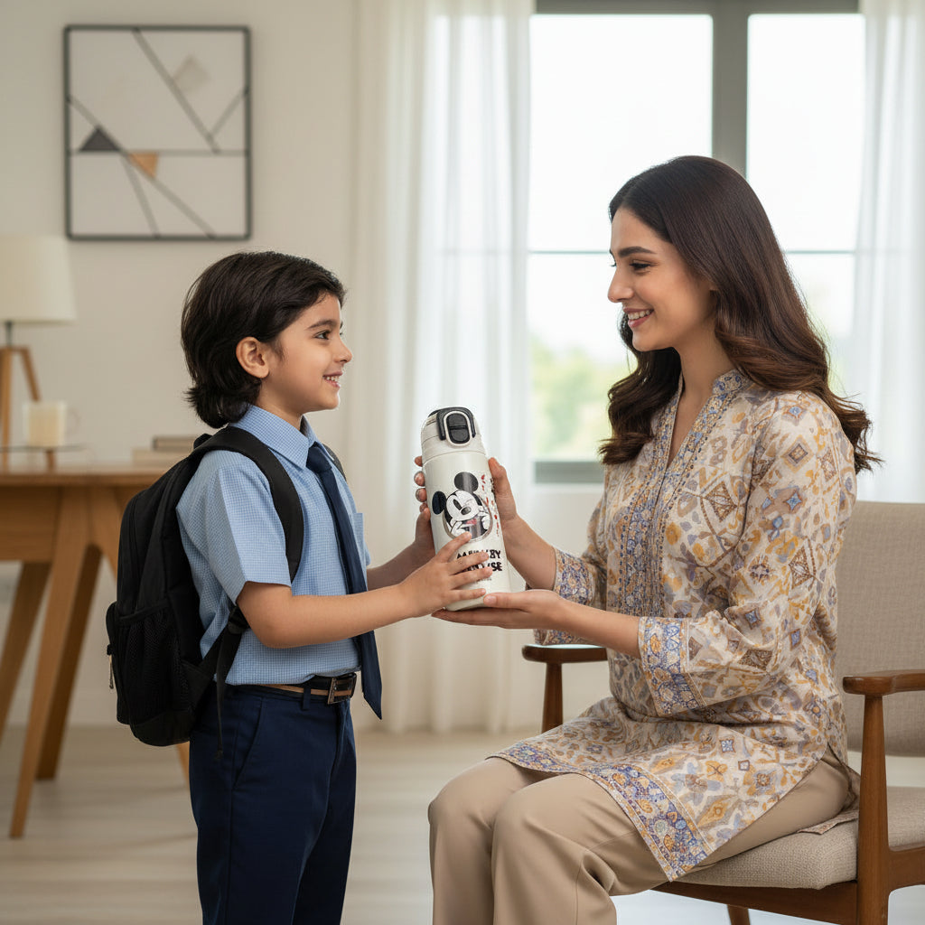 Pakistani mother giving a premium Mickey Mouse insulated stainless steel kids water bottle by LunchNSip to her child before school.