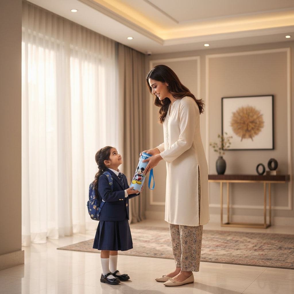 Pakistani mother giving a premium Mickey Mouse kids water bottle with lock by LunchNSip to her child before school.