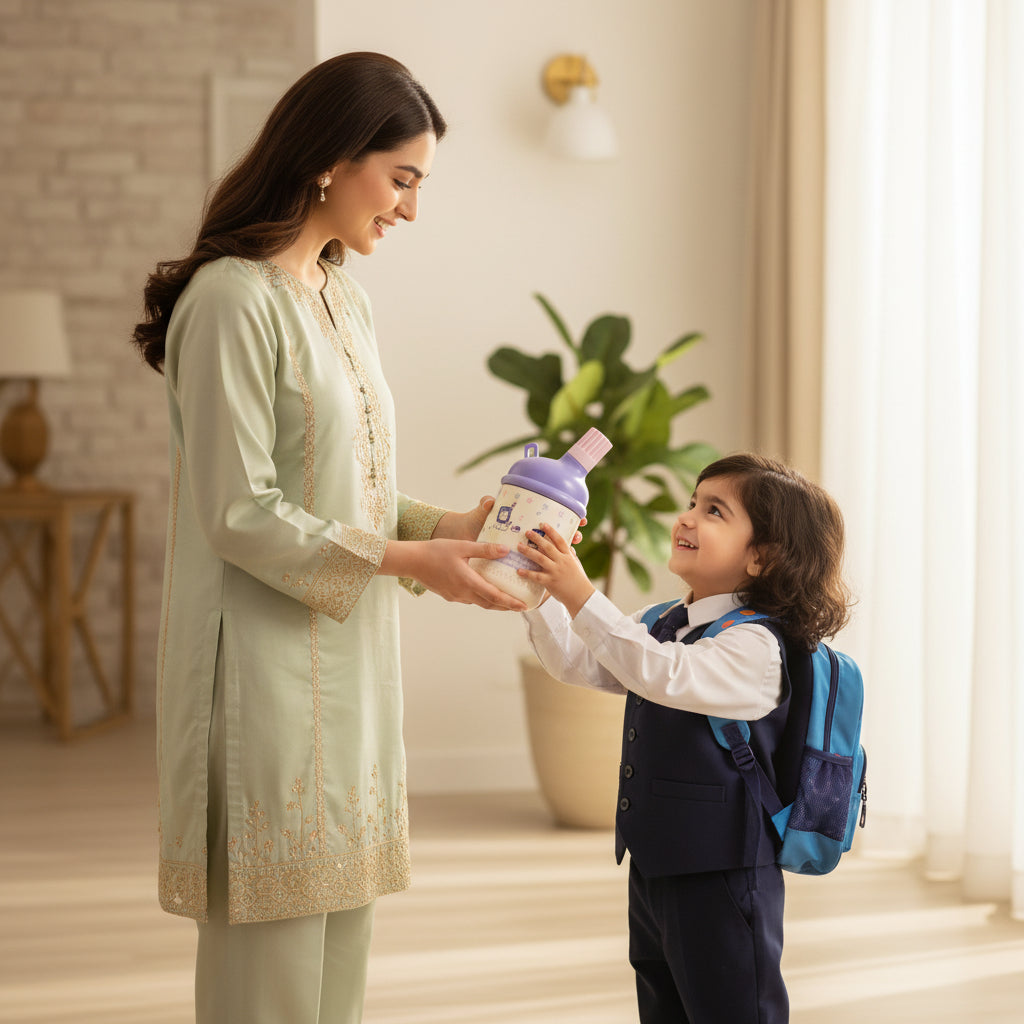 Pakistani mother giving a premium Smart Twist slim insulated stainless steel kids water bottle by LunchNSip to her child before school.