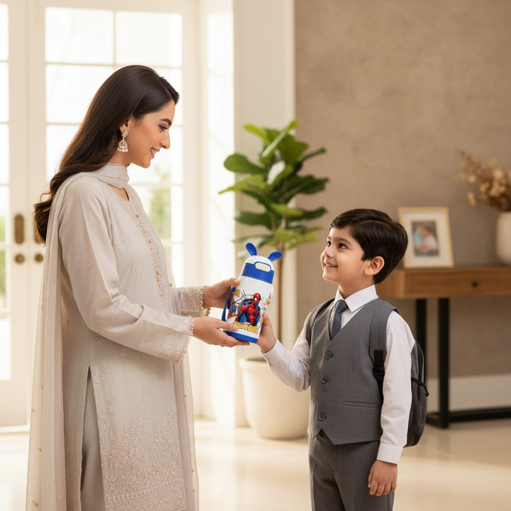 Pakistani mother giving a premium Spider Hero kids water bottle by LunchNSip to her son before school.