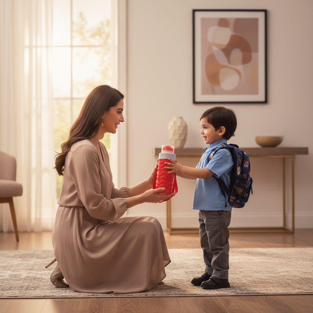Pakistani mother giving a premium Twist Cap kids water bottle by LunchNSip to her child before school.
