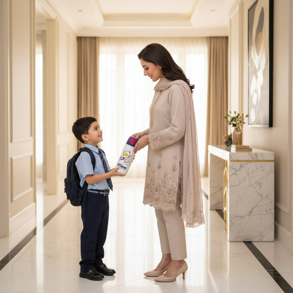Pakistani mother giving a premium Ultraman insulated stainless steel kids water bottle by LunchNSip to her son before school.