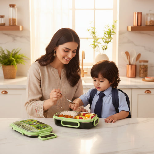 Pakistani mother packing healthy school lunch in a premium Ben 10 Omniverse steel inner two compartment kids lunch box by LunchNSip before school.