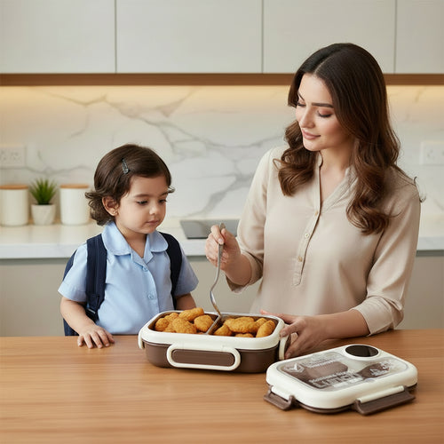 Pakistani mother packing warm school lunch in a premium Bento Temperature stainless steel smart kids lunch box by LunchNSip before school.