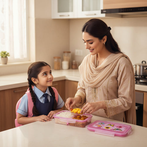 Pakistani mother packing healthy school lunch in a premium Butterfly Girls 3 compartment kids lunch box by LunchNSip before school.