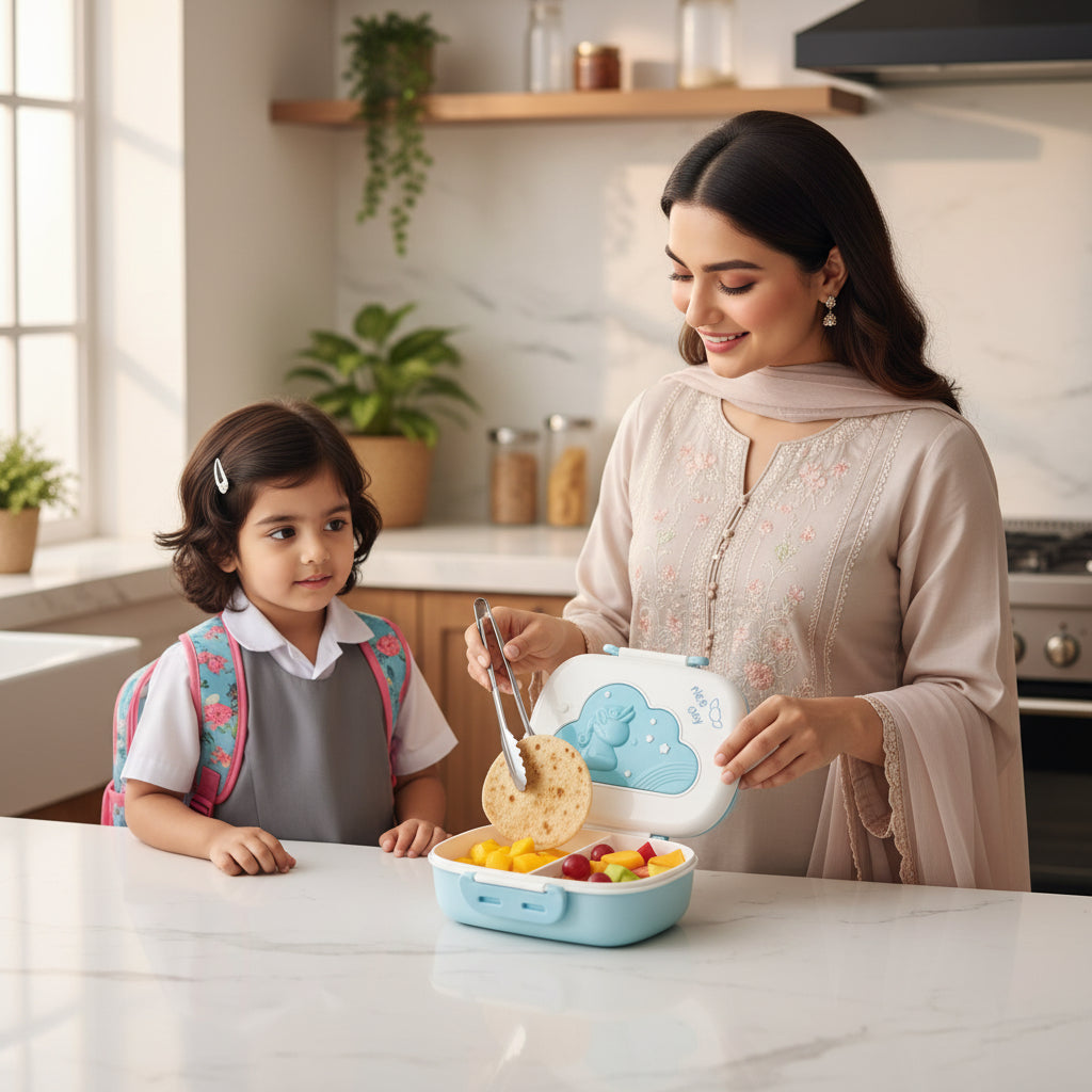 Pakistani mother packing school lunch in a premium Cloud Kids 2 compartment lunch box by LunchNSip before school.