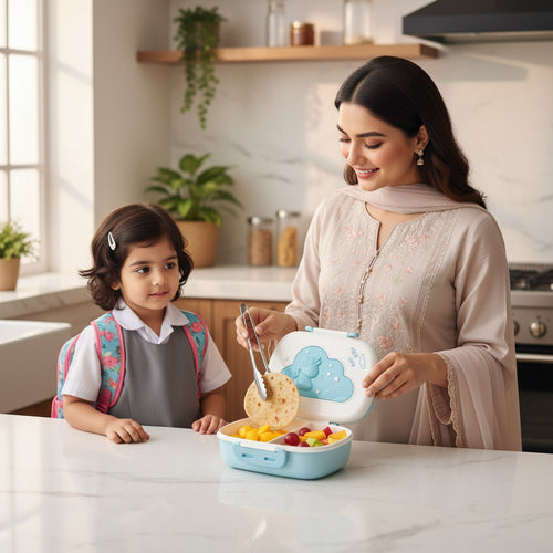 Pakistani mother packing school lunch in a premium Cloud Kids 2 compartment lunch box by LunchNSip before school.