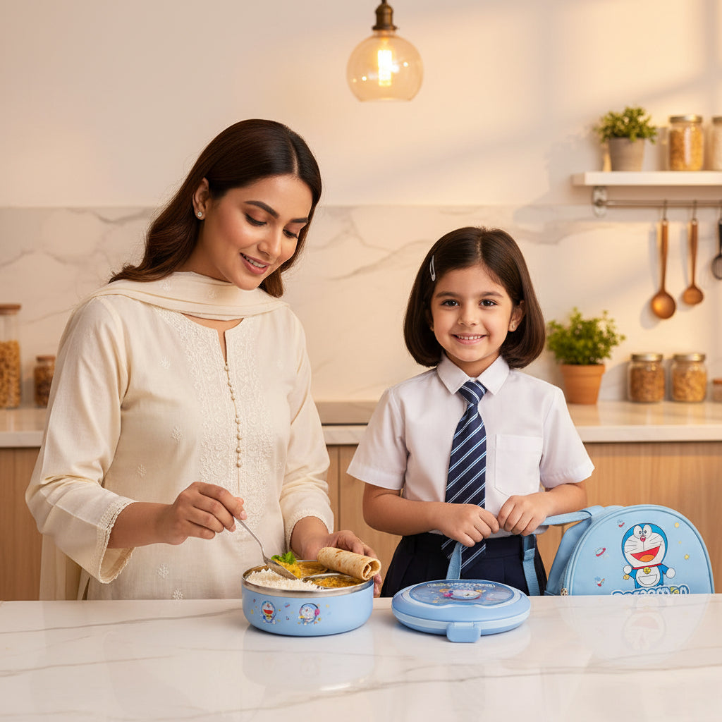 Pakistani mother packing warm school lunch in a premium Doraemon airtight kids lunch box by LunchNSip before school.