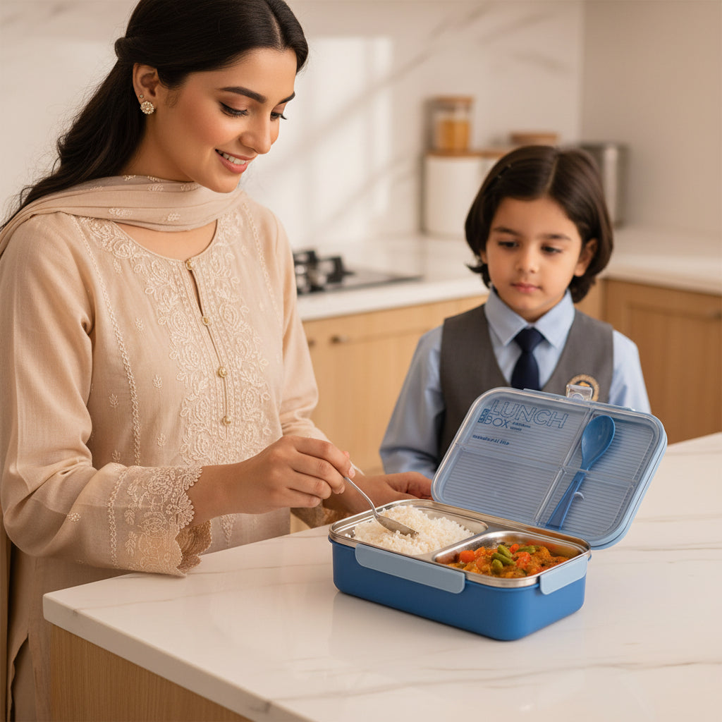 Pakistani mother packing school lunch in a premium Eco stainless steel inner 2 compartment kids lunch box by LunchNSip before school.